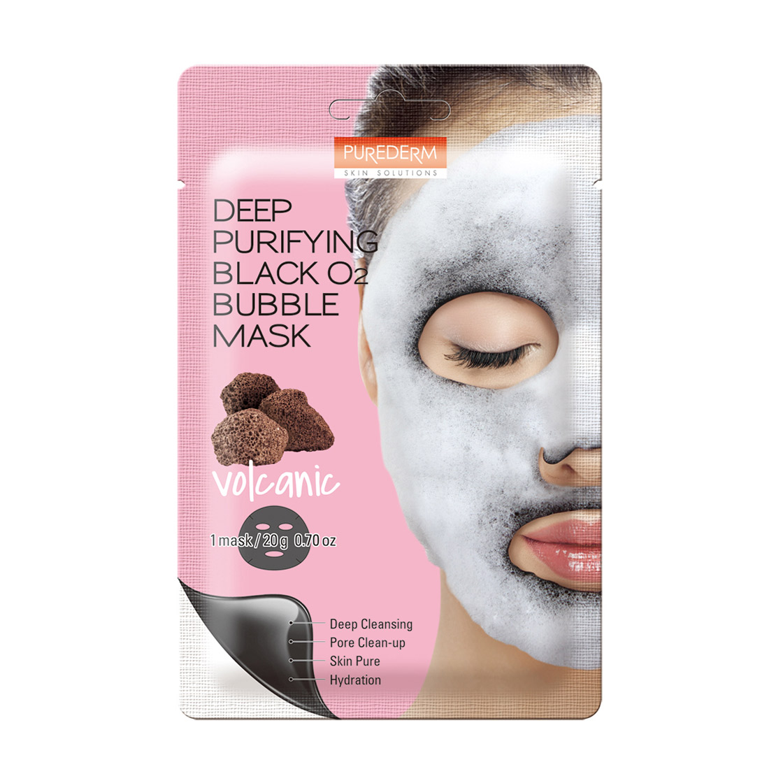 Глибоко очищувальна бульбашкова тканинна маска для обличчя Purederm Deep Purifying Black O2 Bubble Mask Volcanic з вулканічним попелом, 20 г